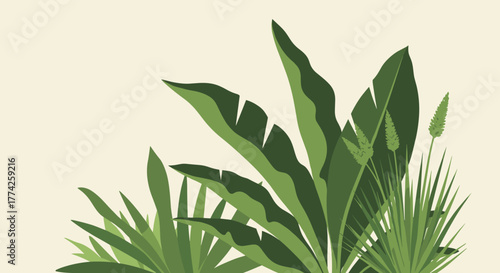 Illustration of various green tropical and wild plants on a light background, featuring different leaf shapes and textures, suitable for botanical themes.