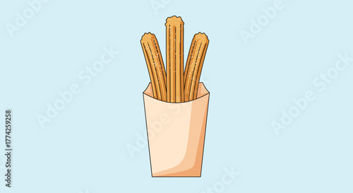 Three golden brown churros covered in sugar, served upright in a light peach paper holder against a plain light blue background.