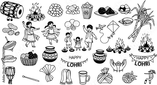 Lohri Festival Celebration Illustration: Dhol, Bonfire, Food, Children, and Traditions