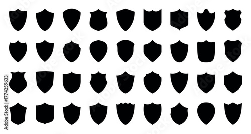 Shield icons set. Shield shape icons. Symbol shape. Different shields collection. Security symbol. Protect shield flat style. A set of 36 shield icons, pointed shield logos, rounded tall short