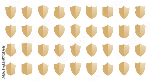 Collection of gold shield icons. Shields icons set. Set of shields on an isolated background. Protection. Different shields in black for your design EPS 10 Shield icons set. Shield shape icons. Symbol