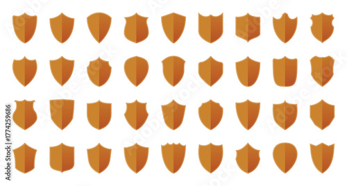 A set of 36 shield icons, pointed shield logos, rounded shield, tall and short shields. Collection of gold shield icons. Shields icons set. Set of shields on isolated background. Protection, security