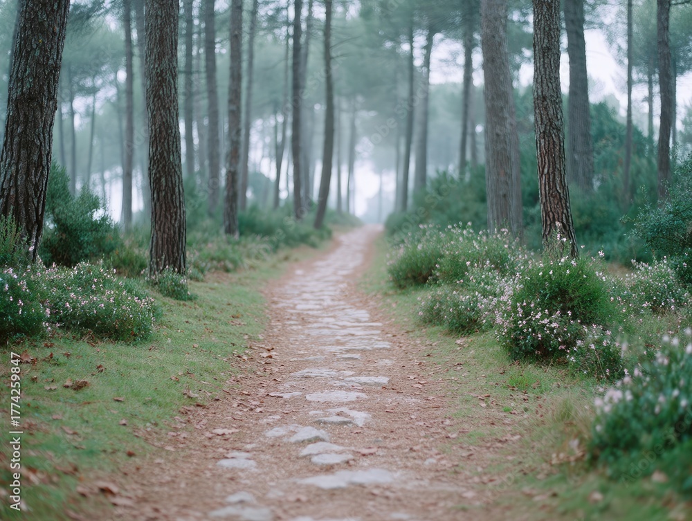 Fototapeta premium Tranquil Forest Path Lined With Pine Trees And Small White Flowers on a Foggy Day