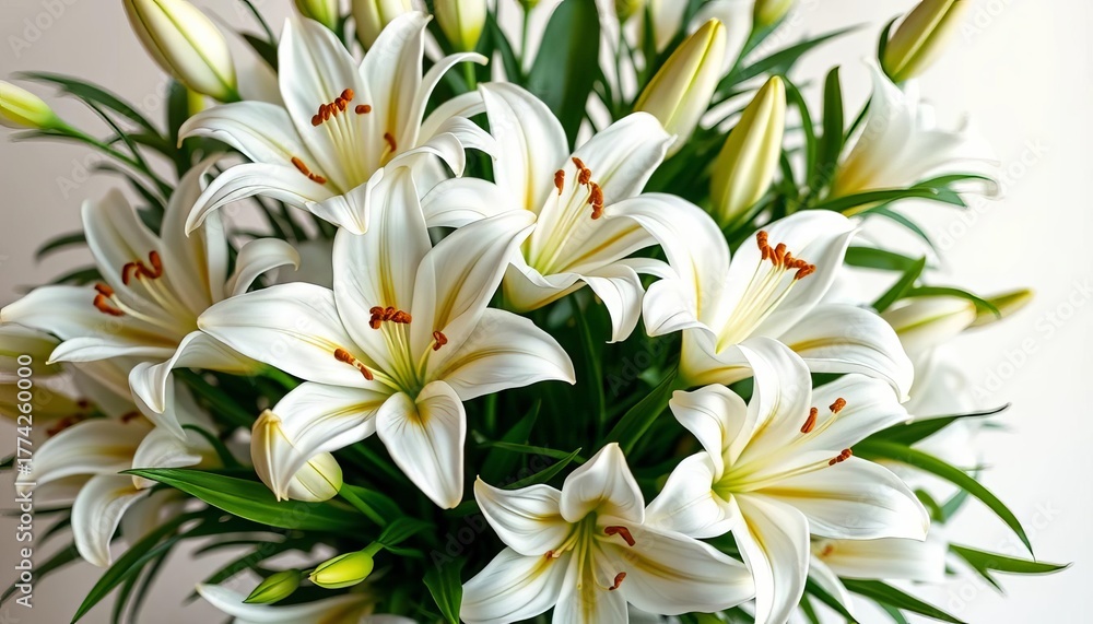 Obraz premium Elegant white lilies arranged in a lush bouquet, gift, details