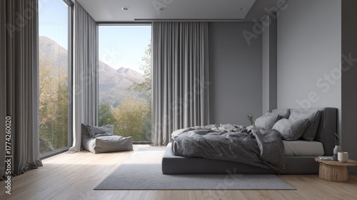 Minimalist modern bedroom in Scandinavian style with soft gray tones, big window, and natural wood flooring
