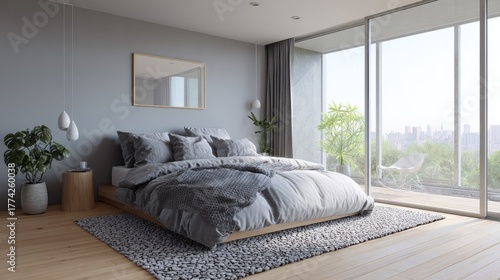 Minimalist modern bedroom in Scandinavian style with soft gray tones, big window, and natural wood flooring