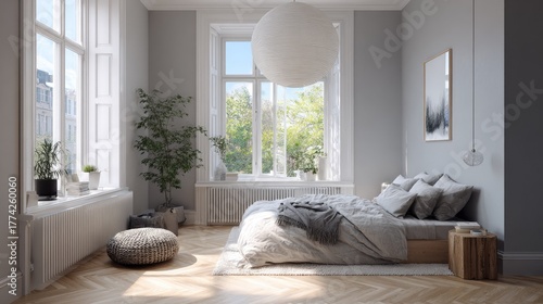 Minimalist Nordic bedroom interior with large window, light gray palette, and natural herringbone parquet design
