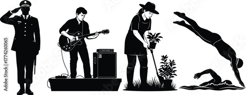 Silhouette of soldier salute, guitarist performance, gardener planting tree, and swimmers diving — diverse human activity vector for stock illustration