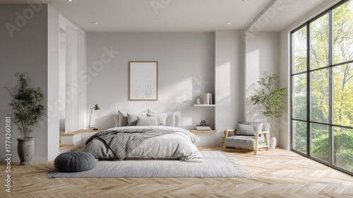 Minimalist Nordic bedroom interior with large window, light gray palette, and natural herringbone parquet design