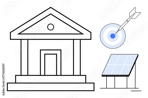 Government building, solar panel, and target with arrow highlight sustainability, renewable energy, and focused goals. Ideal for governance, clean energy, strategy, policy infrastructure planning