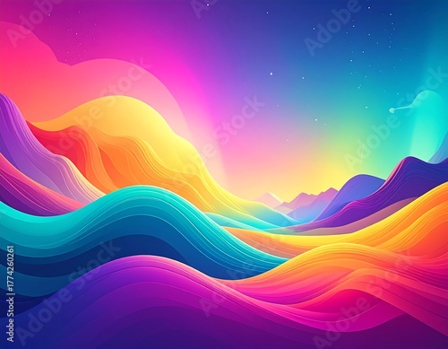 Abstract, colorful landscape with flowing shapes and vibrant hues
