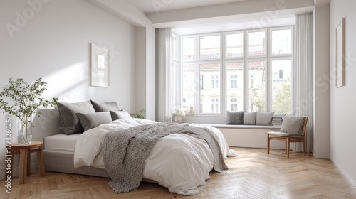Scandinavian minimalist bedroom with large window, herringbone parquet flooring, and white-gray tones creating a calm and airy atmosphere