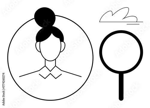 Black and white female profile with tied hair in a circle, magnifying glass, and cloud icon. Ideal for identity, search, investigation, employee focus, recruitment personal growth research. Simple