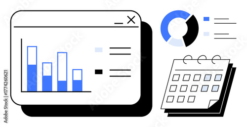 Bar chart in a pop-up window, calendar with highlighted dates, and pie chart detailing analytics. Ideal for time management, project tracking, productivity, finance, strategy, planning simple flat