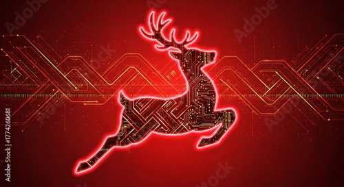 Christmas background. Artificial Intelligence deer christmas concept. A futuristic neon stag with glowing antlers and a circuit board pattern, symbolizing the intersection of nature and technology.