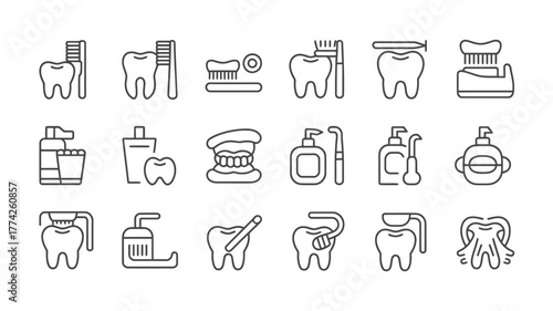 Professional dental hygiene icons showcasing teeth care, brushing, flossing, and oral health essentials for modern clinics and wellness brands