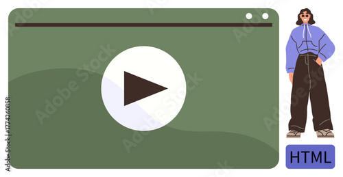 Green video player interface with play button. Stylish person in casual jeans and jacket nearby. Ideal for content creation, web design, media, entertainment, lifestyle, technology, simple flat