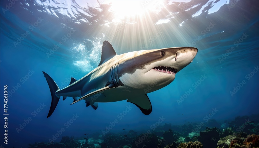 Obraz premium Majestic Great White Shark Encounter: Sunlight Filtering Through the Azure Depths