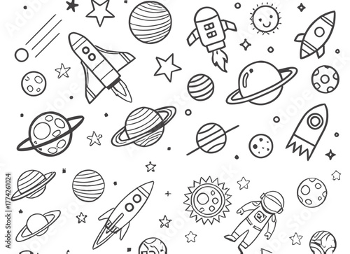 A whimsical black and white space themed doodle pattern with planets rockets stars and an astronaut silhouette