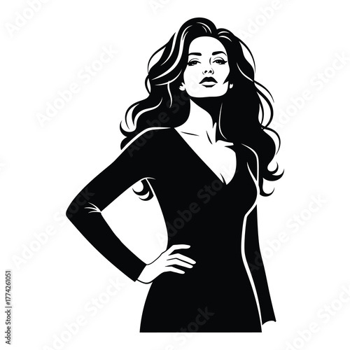 Elegant woman with flowing hair confidently posing in a stylish black dress, exuding sophistication and glamour for fashion campaigns.