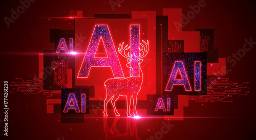 Christmas background. Artificial Intelligence deer christmas concept. A futuristic neon stag with glowing antlers and a circuit board pattern, symbolizing the intersection of nature and technology.