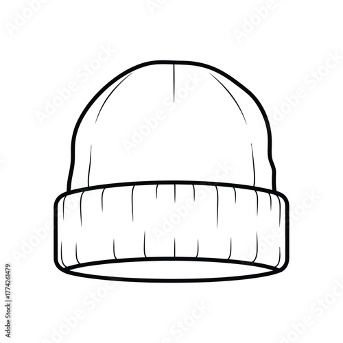Beanie hat winter cap technical fashion illustration with a cuffed brim. Blank template for apparel design and clothing mockups