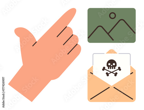 Hand signals rejecting a harmful email containing malware while safeguarding secure visuals. Ideal for cybersecurity, email safety, online threats, phishing awareness, computer protection, digital