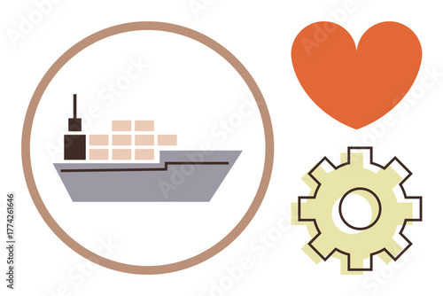 Cargo ship carrying containers, red heart for passion, and yellow gear for engineering solutions. Ideal for shipping, love for work, global trade, innovation, supply chain, teamwork simple flat