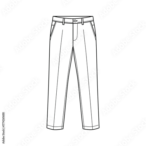 Clean vector line art illustration of classic men's trousers, ideal for fashion design mockups, apparel catalogs, or wardrobe style guides, showcasing a versatile and timeless clothing staple