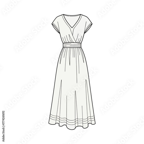 Vector line art illustration of a versatile women's summer dress with a V-neck, short sleeves, and cinched waist, perfect for everyday casual wear or vacation style