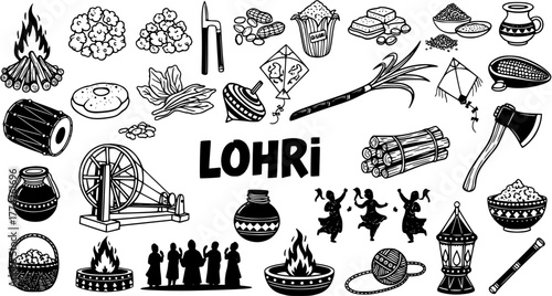 Detailed Lohri Festival Hand-Drawn Doodle Set: Bonfire, Traditional Food, Dance, Music, Kites, and Cultural Elements for Indian Winter Harvest Celebration