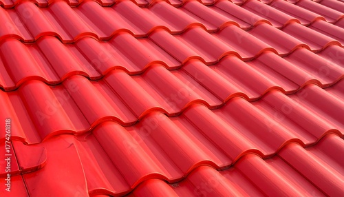 Angled view of a vibrant red roof made of curved tiles