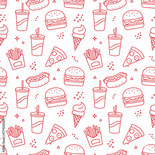 Seamless pattern of fast food icons in red line art on a white background. The design features hamburgers, pizza slices, french fries, hot dogs, soft drinks, coffee cups, muffins, and ice cream cones.