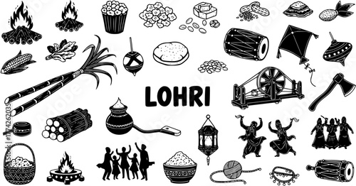 Black and white doodle style illustrations set depicting traditional elements, food, activities, and symbols of the Indian Punjabi harvest festival Lohri, celebrating winter, fire, and community.
