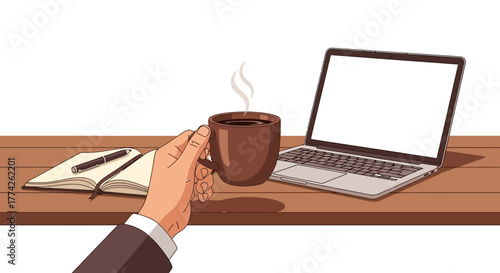 A cartoon illustration of a hand holding a steaming coffee cup next to a laptop and notebook on a wooden desk.