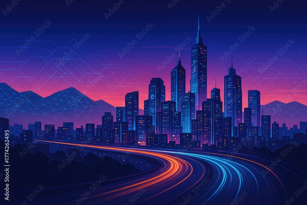 Fototapeta premium Neon cityscape at dusk with light trails and futuristic geometric patterns, metropolis, urban night