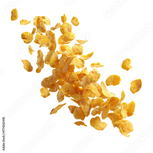 A delicious cascade of golden corn breakfast cereal flakes in motion