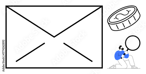 Envelope, coin with currency mark, and person examining through magnifying glass convey financial communication, trust, and email usage. Ideal for business, finance, analysis, messaging economy