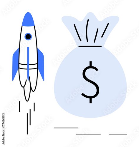 Rocket taking off beside a money bag with a dollar sign, representing investment, business growth, or startup launch. Ideal for finance, innovation, entrepreneurship, success, economy funding