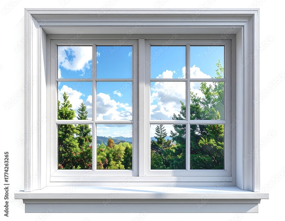 Obraz premium A classic window frame revealing a vibrant, sunlit outdoor scene