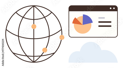 Globe with connecting dots, browser window displaying pie chart, and a cloud element. Ideal for global connection, data analysis, cloud computing, teamwork, information sharing, networking