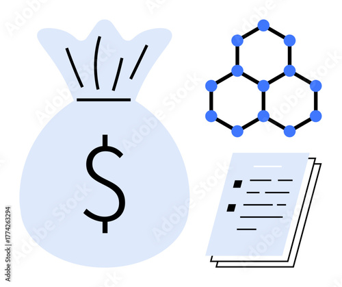 Money bag for finance, molecular structure for science, and documents for research highlight the synergy between funding, innovation, and planning. Ideal for investment, research, funding, innovation