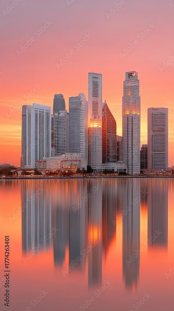 Obraz premium Vibrant Twilight Cityscape With Illuminated Skyline Reflected In Calm Water Under A Fiery Orange Sky