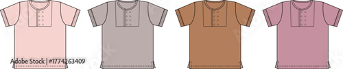 Set of women's casual Henley t-shirts with cuffed short sleeves in multiple colorways. Vector apparel fashion flat technical sketch template