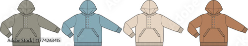 Collection of four hooded sweatshirts in different neutral and earthy tones, showcasing a casual apparel design