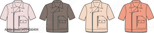 Collection of stylized fashion illustrations featuring various short-sleeved collared shirts in a range of subtle colors