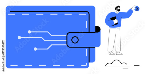 Large blue wallet with circuit designs and a man holding a cryptocurrency coin while managing assets. Ideal for fintech, blockchain, digital currency, finance, investment, payment systems, and modern