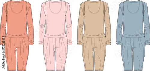 Flat vector illustration of four comfortable long-sleeved women's jumpsuits in assorted colors. Apparel design for casual fashion and loungewear projects