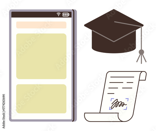 Smartphone interface, graduation cap, and signed certificate representing online learning, e-certification, academic progress. Ideal for education, technology, online courses, e-learning