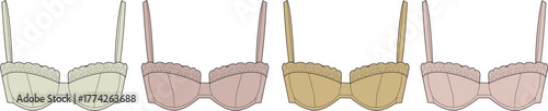 Set of four delicate women's brassieres in soft cream, pink, and golden colors, featuring lace details and adjustable straps, ideal for feminine intimate apparel design